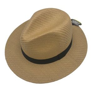 PUGS BEIGE Straw-like Weaved Fedora Hat with Wide Brim & Black Band